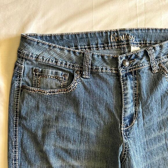 2000s Fantasy Mid Wash Flare Jeans Embroidered Stitching Pocket Sz 12 Indie Boho - Picture 2 of 5